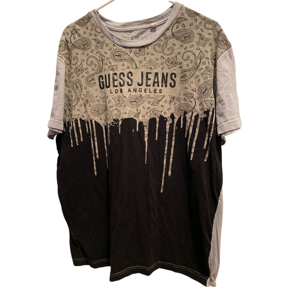 Guess Jeans Graphic Tee XL Men's Grey Black Paisley Paint Drip Los Angeles Shirt - Picture 1 of 3